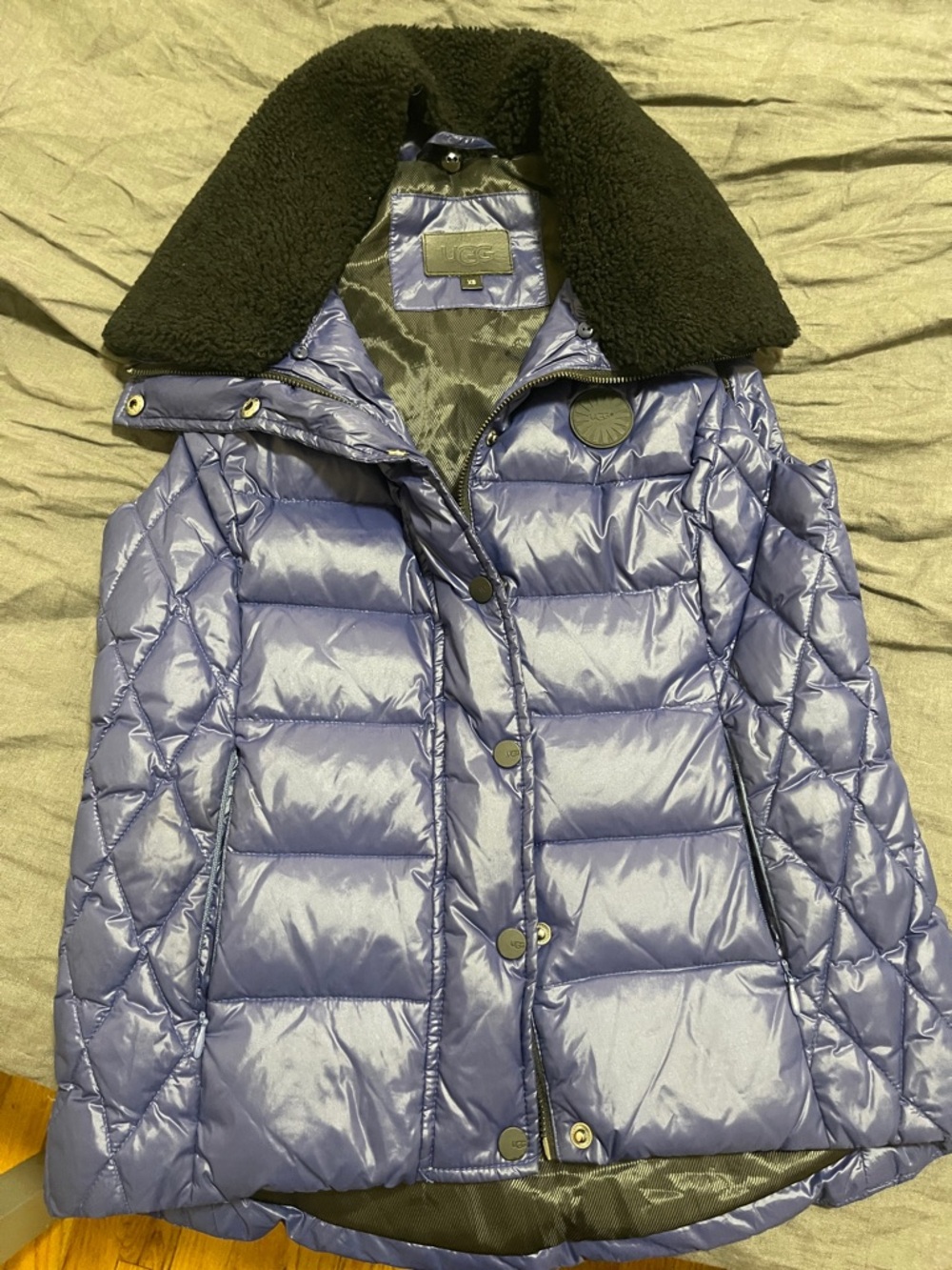 UGG Shiny Quilted Puffer Jacket in Blue with Black Sherpa Collar